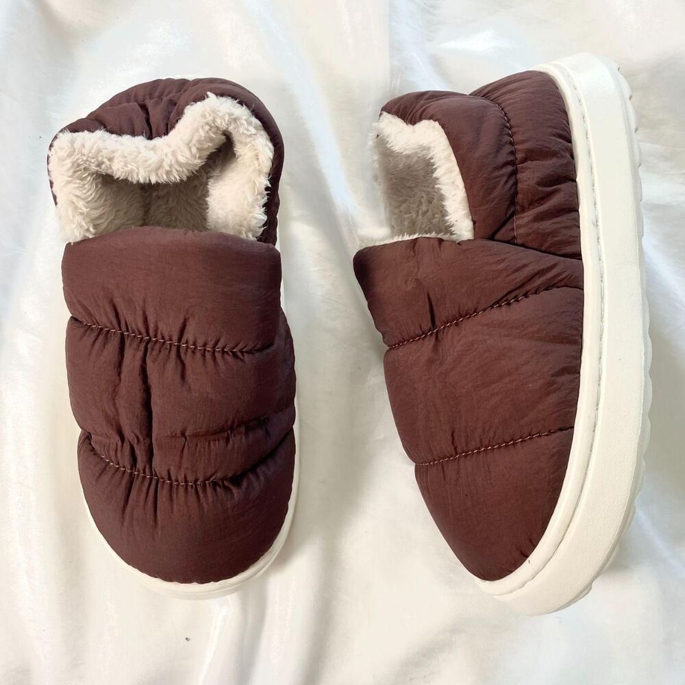 NEW Chunky Chocolate Brown Quilted Faux Fur Linen Warm Winter Shoes US 8 / 9